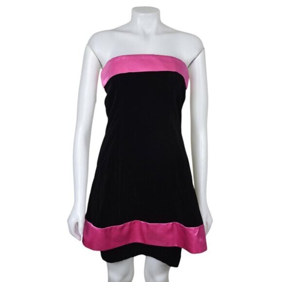 Vintage Y2K Liliane H Paris Velvet Dress Pink Satin Bow Strapless Size 8 - Picture 2 of 11